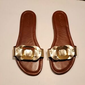 Women’s Brown Leather Slide Sandals with Gold Accent